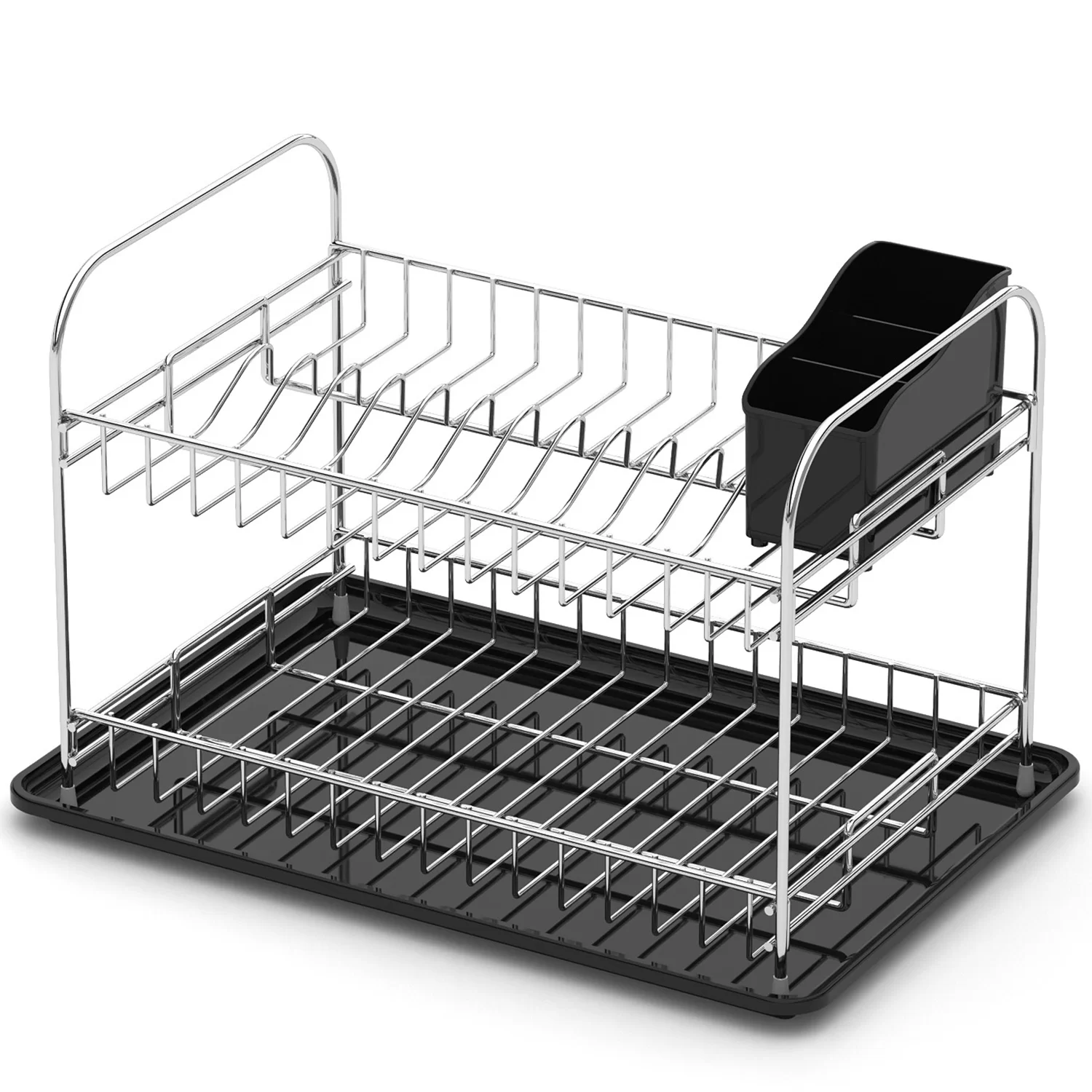 Chrome Wire Dish Drying Rack with Black Tray