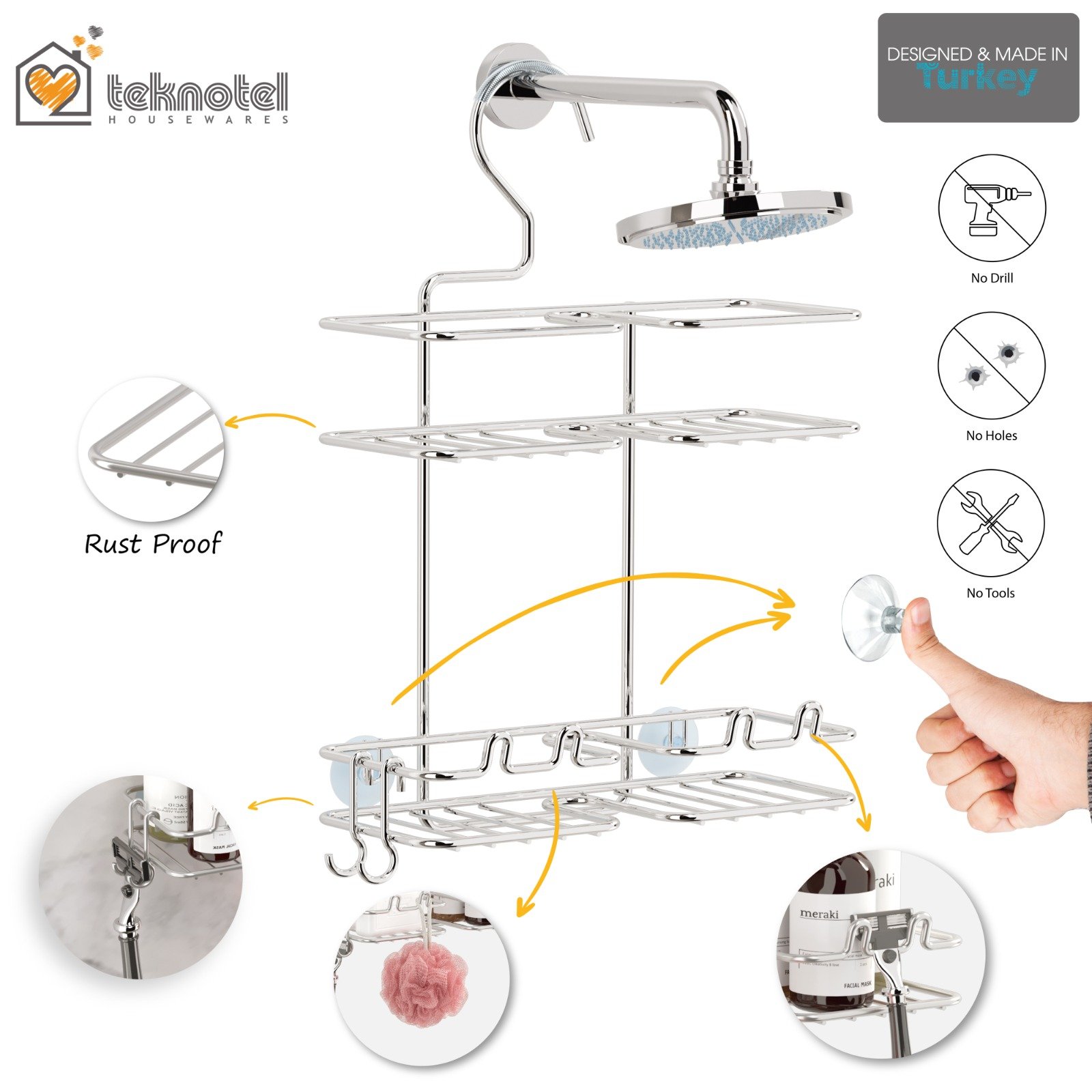 TEKNOTEL Shower Caddy Hanging Bathroom Organizer - Rust Proof Wire Durable Hanging Shower Head Caddies Storage Rack with Suction Cups Large Space