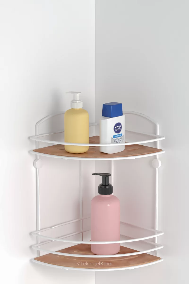 BK074 Bath Corner Shelf 2 Tier with Wood Design ABS