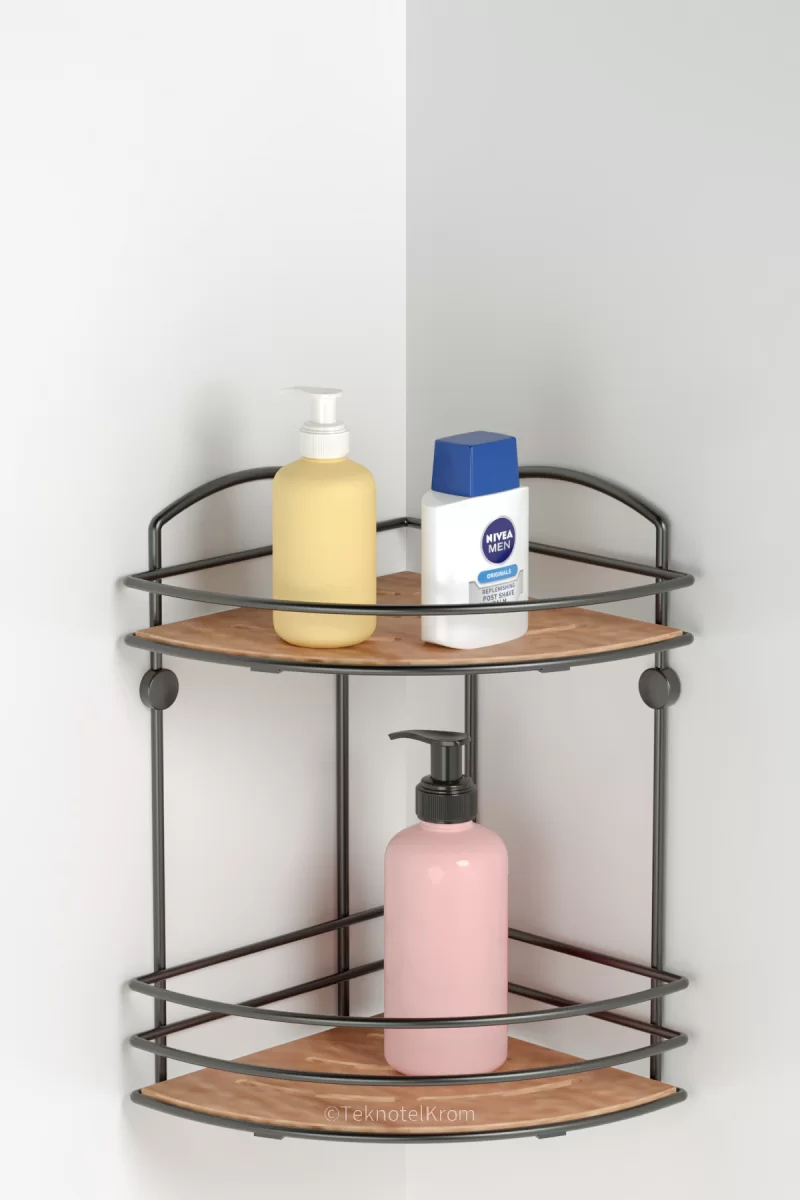 BK074 Bath Corner Shelf 2 Tier with Wood Design ABS