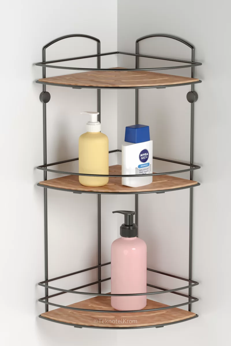 BK075 Bath Corner Shelf 3 Tier with Wood Design ABS