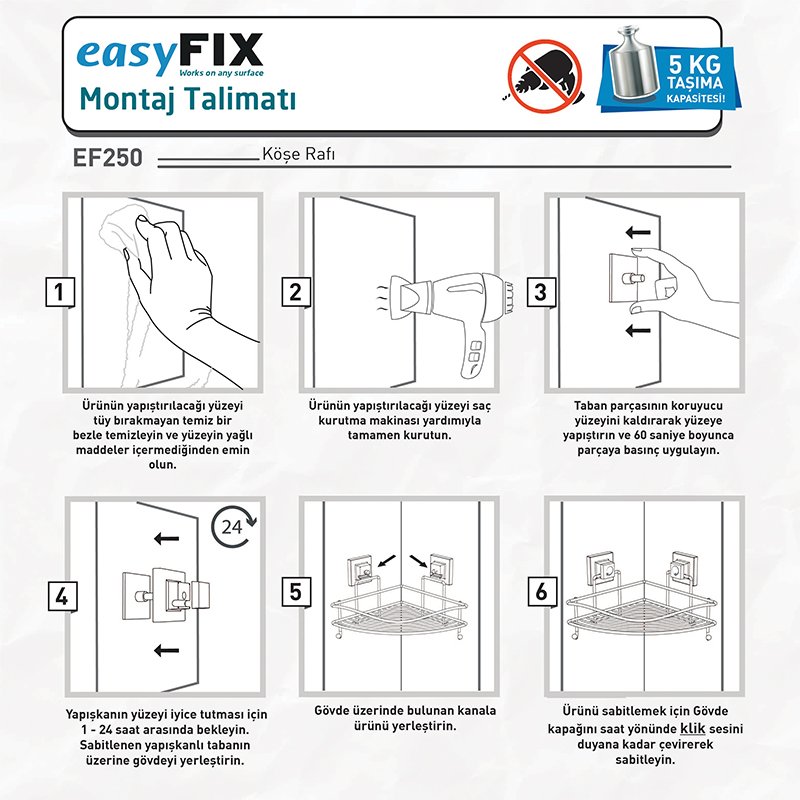 EF250 easyFIX Bath Corner Shelf with Hook, Self-adhesive