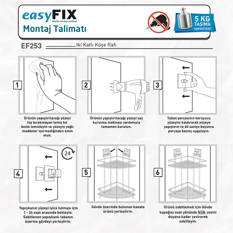 EF253 easyFIX 2 Tier Bath Corner Shelf with Hook, Self-adhesive