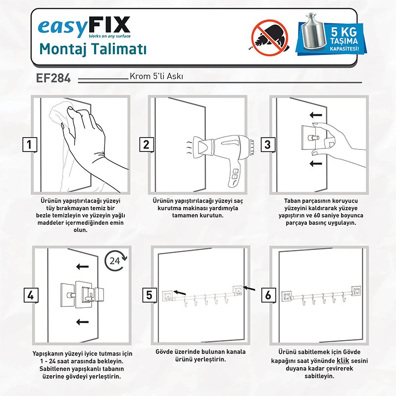 EF284 easyFIX 5 Hook Rail, Self-adhesive