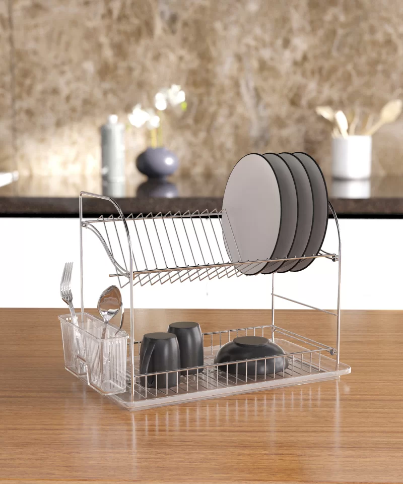 KB002 Dish Drainer Two Tiers, Foldable with Cutlery and Tray