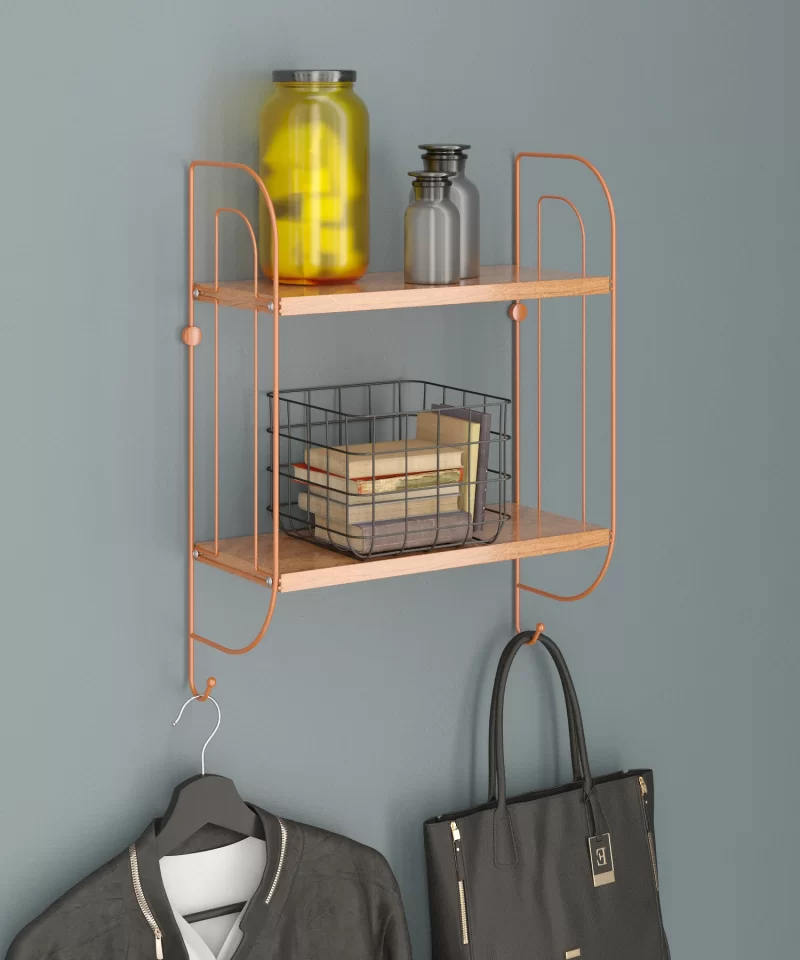 MG504 Wooden Metal Towel Shelf Organizer with 2 Tiers