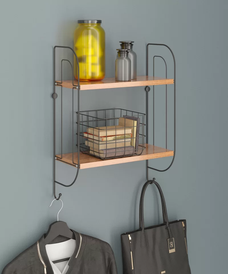 MG504 Wooden Metal Towel Shelf Organizer with 2 Tiers