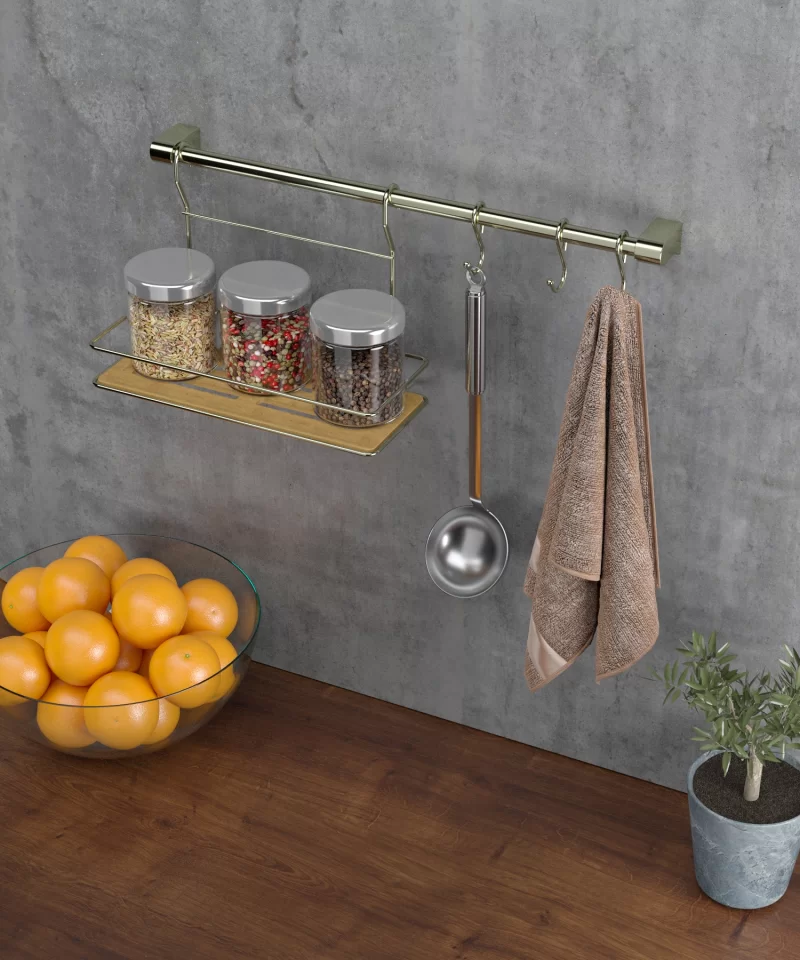 MG059 SET Kitchen rail Set 60 cm Tube, with 3 Hooks and Wood Design Plastic Shelf