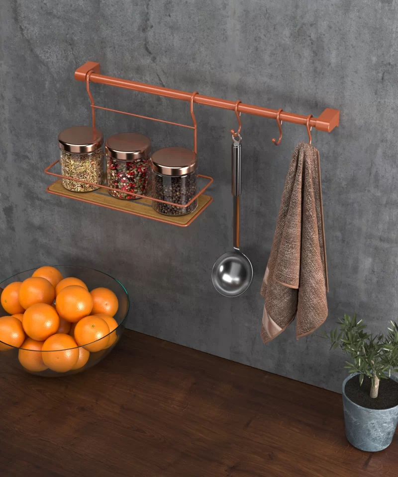 MG059 SET Kitchen rail Set 60 cm Tube, with 3 Hooks and Wood Design Plastic Shelf