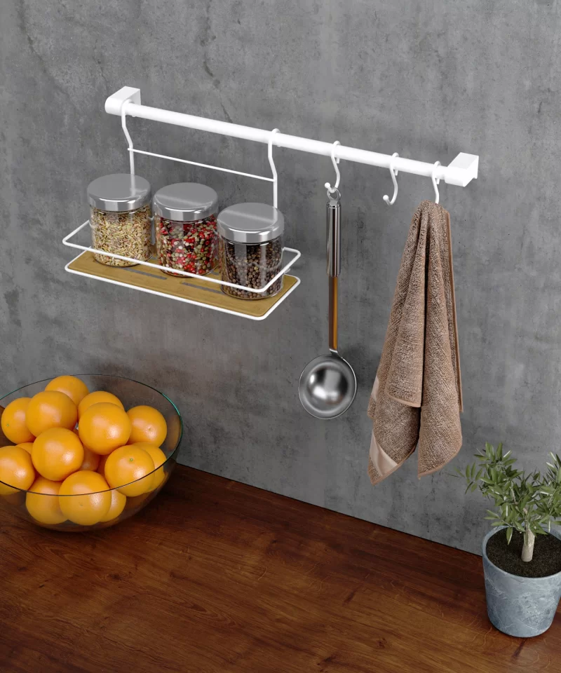 MG059 SET Kitchen rail Set 60 cm Tube, with 3 Hooks and Wood Design Plastic Shelf