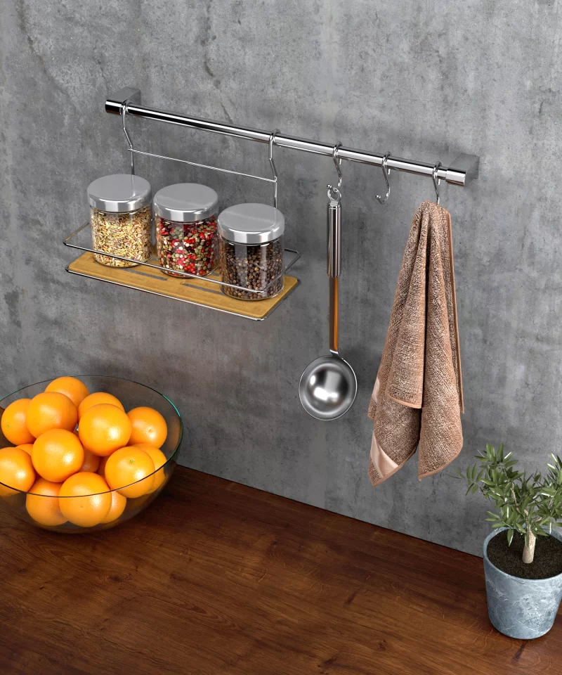 MG059 SET Kitchen rail Set 60 cm Tube, with 3 Hooks and Wood Design Plastic Shelf