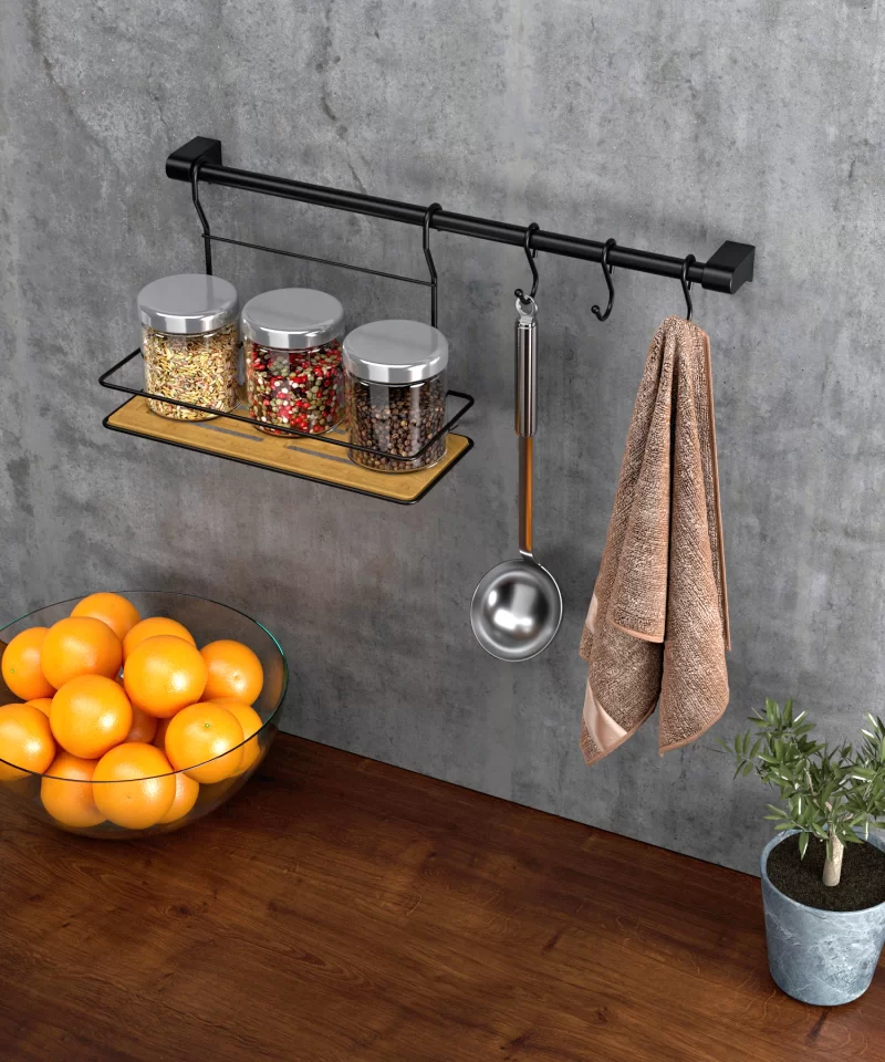 MG059 SET Kitchen rail Set 60 cm Tube, with 3 Hooks and Wood Design Plastic Shelf