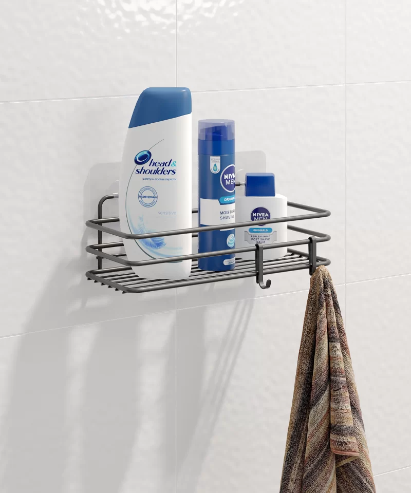 ST117 Shower Caddy Bathroom Shower Organizer Shelves with Double Hooks, Self Adhesive No Drilling