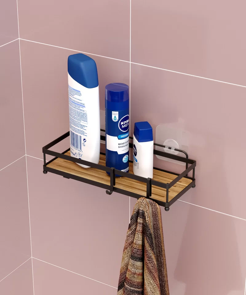 ST180H Adhesive Shower Caddy, No Drilling Shower Organizer for Inside Shower & Kitchen Storage with Wood Design ABS and Double Hooks