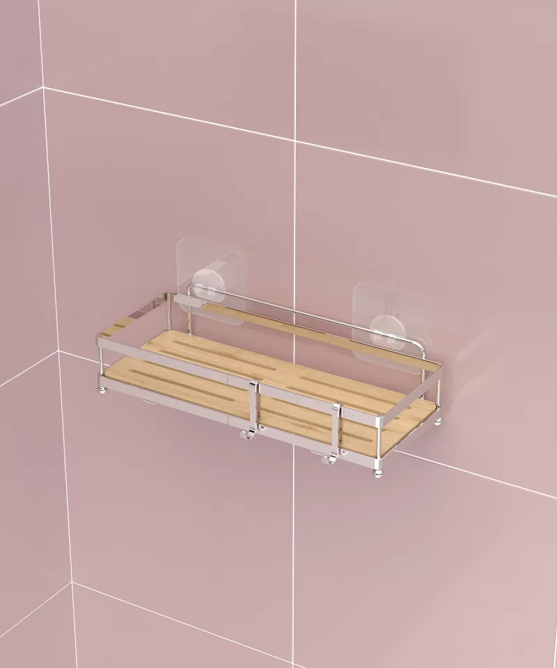 ST180H Adhesive Shower Caddy, No Drilling Shower Organizer for Inside Shower & Kitchen Storage with Wood Design ABS and Double Hooks