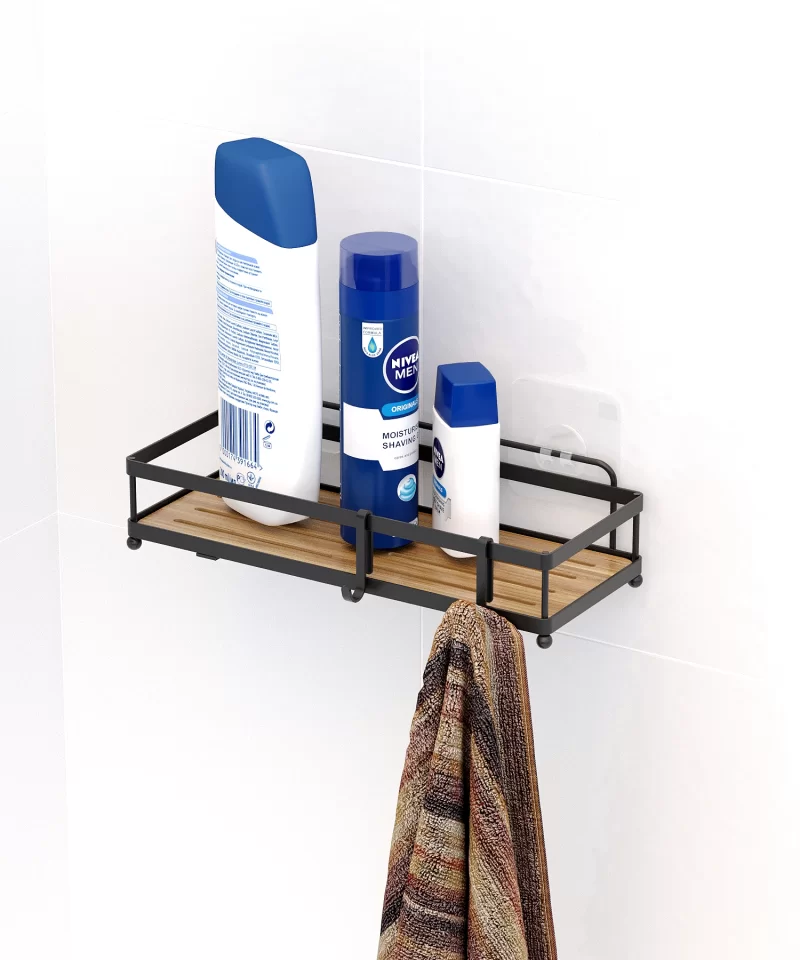 ST180H Adhesive Shower Caddy, No Drilling Shower Organizer for Inside Shower & Kitchen Storage with Wood Design ABS and Double Hooks