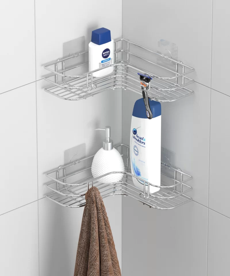 ST176 Adhesive Shower Caddy with Wood Design ABS & Double Hooks