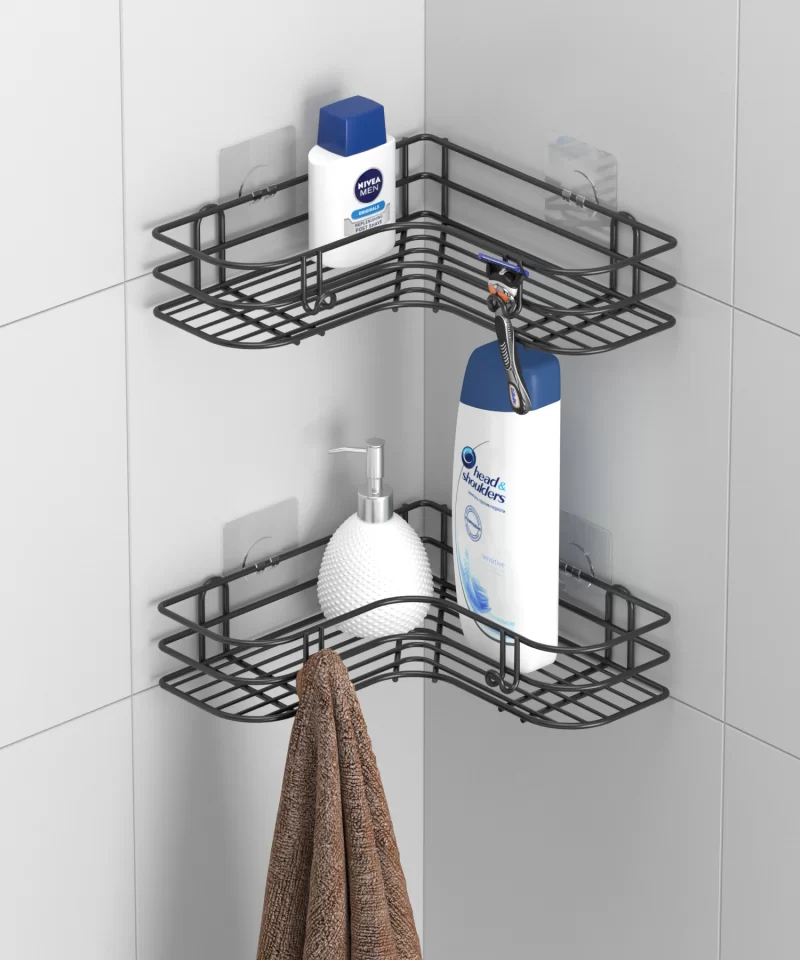 ST176 Adhesive Shower Caddy with Wood Design ABS & Double Hooks