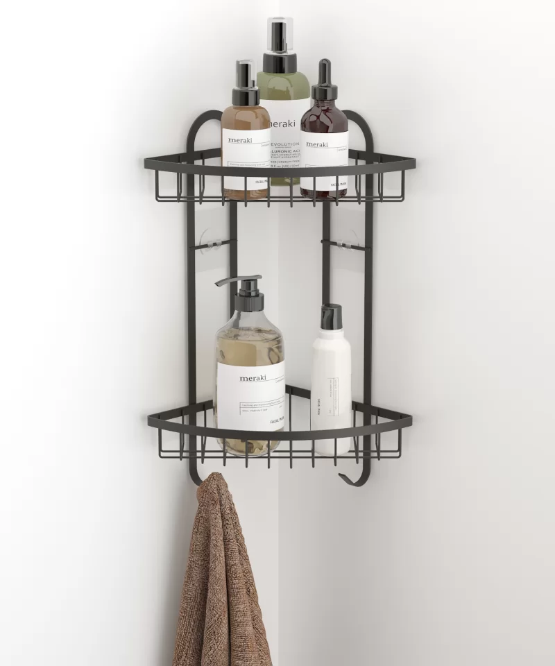 ST307 2 Tier Corner Shower Caddy with Hooks & Self Adhesive Sticker