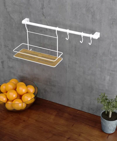 MG059 SET Kitchen rail Set 60 cm Tube, with 3 Hooks and Wood Design Plastic Shelf